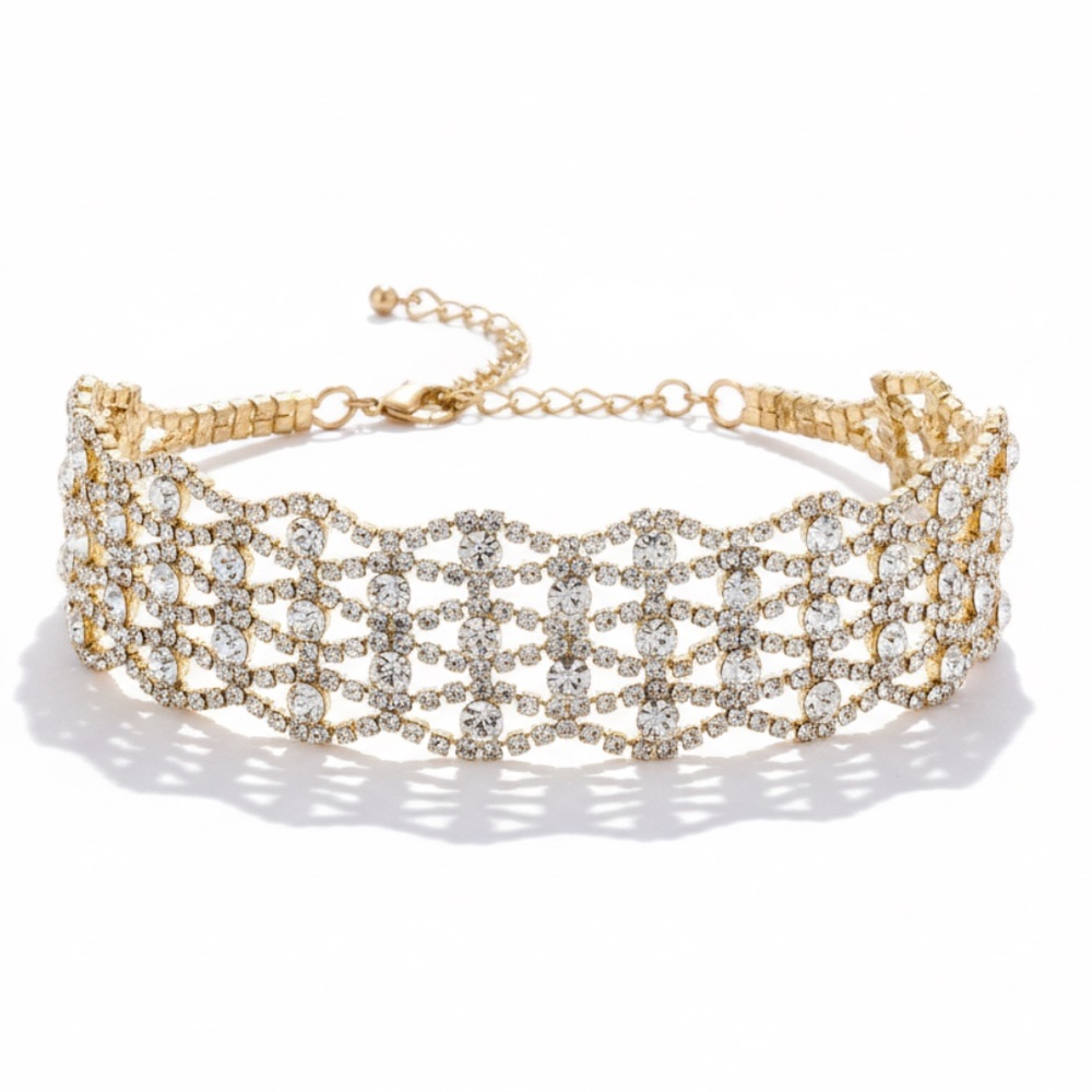 Womens Gold Crystal Bling Choker Necklace‎